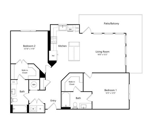 A floor plan of a home with two bedrooms, a living room, a kitchen, a bathroom, and a patio.
